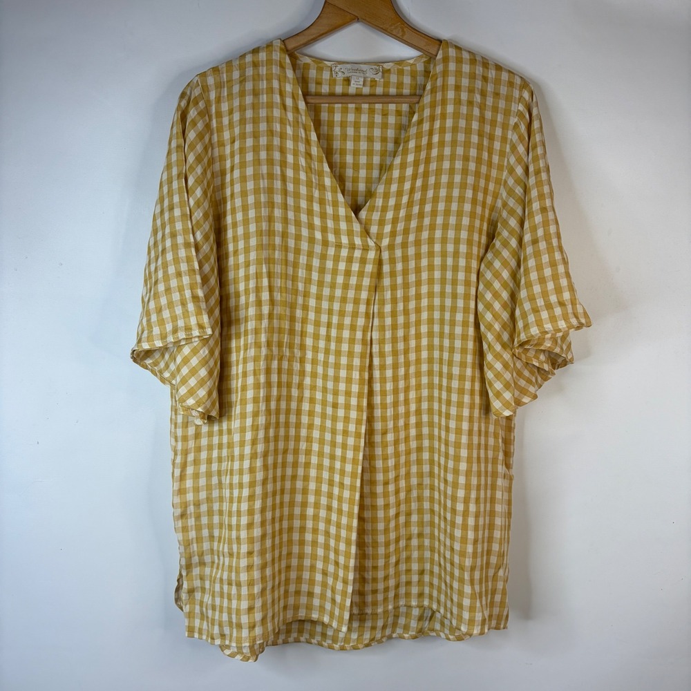 Weekend Suzanne Betro Blouse Womens 1X Yellow Gingham V-Neck Flutter Sleeve Top